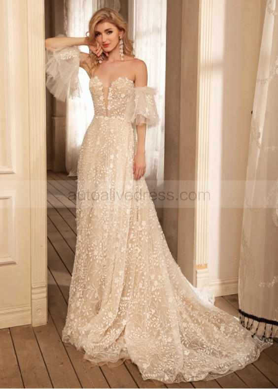 Strapless Lace Tulle Beaded Wedding Dress With Detachable Sleeves